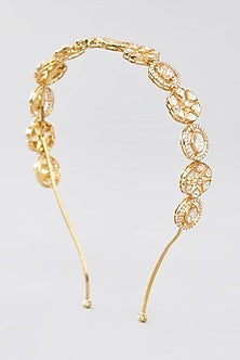 Gold Finish CZ & Moissanite Polki Hairaband In Sterling Silver