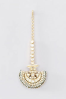 Gold Finish Moissanite Polki Maangtikka In Sterling Silver