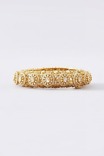 Gold Finish Moissanite Polki & CZ Bangle In Sterling Silver