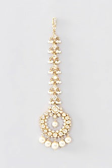 Gold Finish Moissanite Polki & Pearl Maangtikka In Sterling Silver