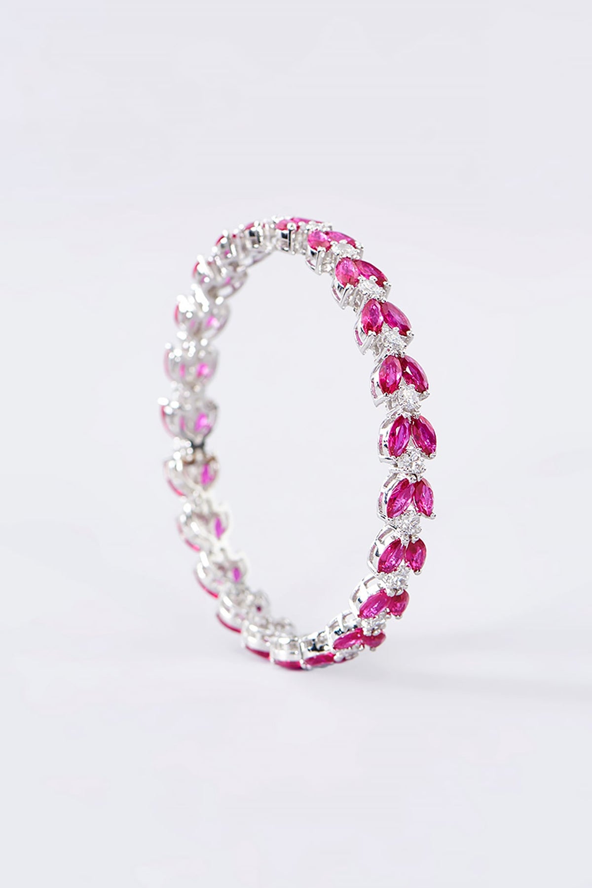 White Finish CZ & Ruby Bangle In Sterling Silver