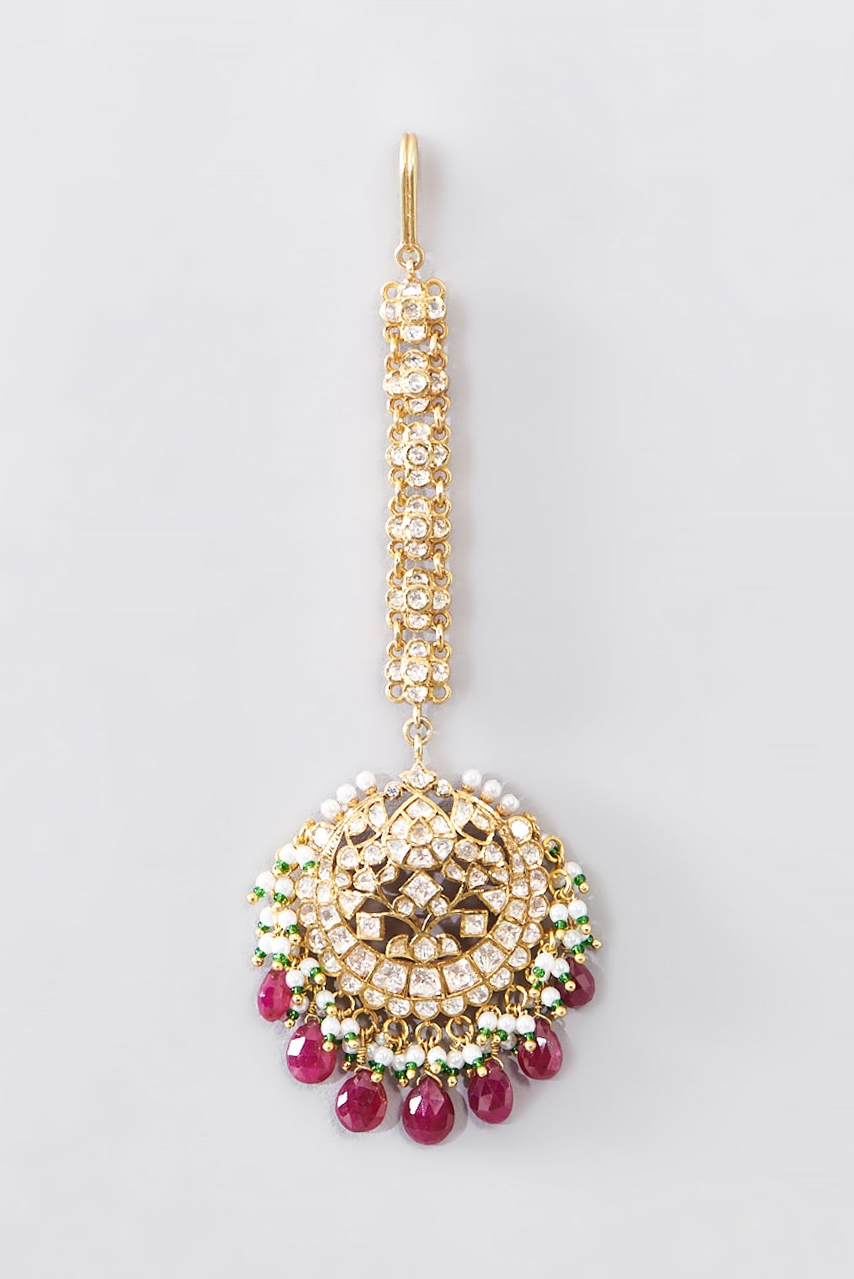 Gold Finish Moissanite Polki & Ruby Maangtikka In Sterling Silver
