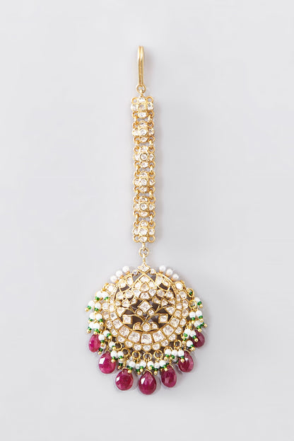 Gold Finish Moissanite Polki & Ruby Maangtikka In Sterling Silver