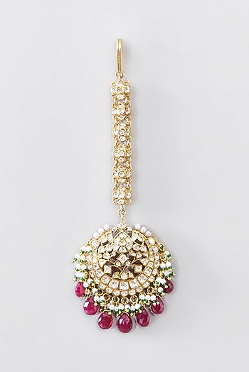 Gold Finish Moissanite Polki & Ruby Maangtikka In Sterling Silver
