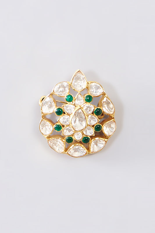 Gold Finish Moissanite Polki & Emerald Brooch In Sterling Silver