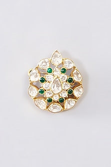 Gold Finish Moissanite Polki & Emerald Brooch In Sterling Silver