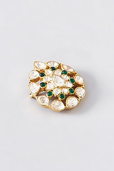 Gold Finish Moissanite Polki & Emerald Brooch In Sterling Silver