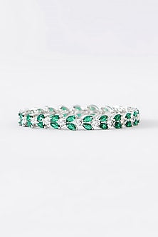 White Finish CZ & Emerald Bangle In Sterling Silver