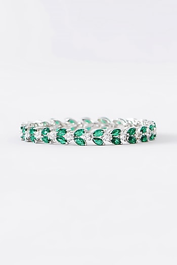 White Finish CZ & Emerald Bangle In Sterling Silver