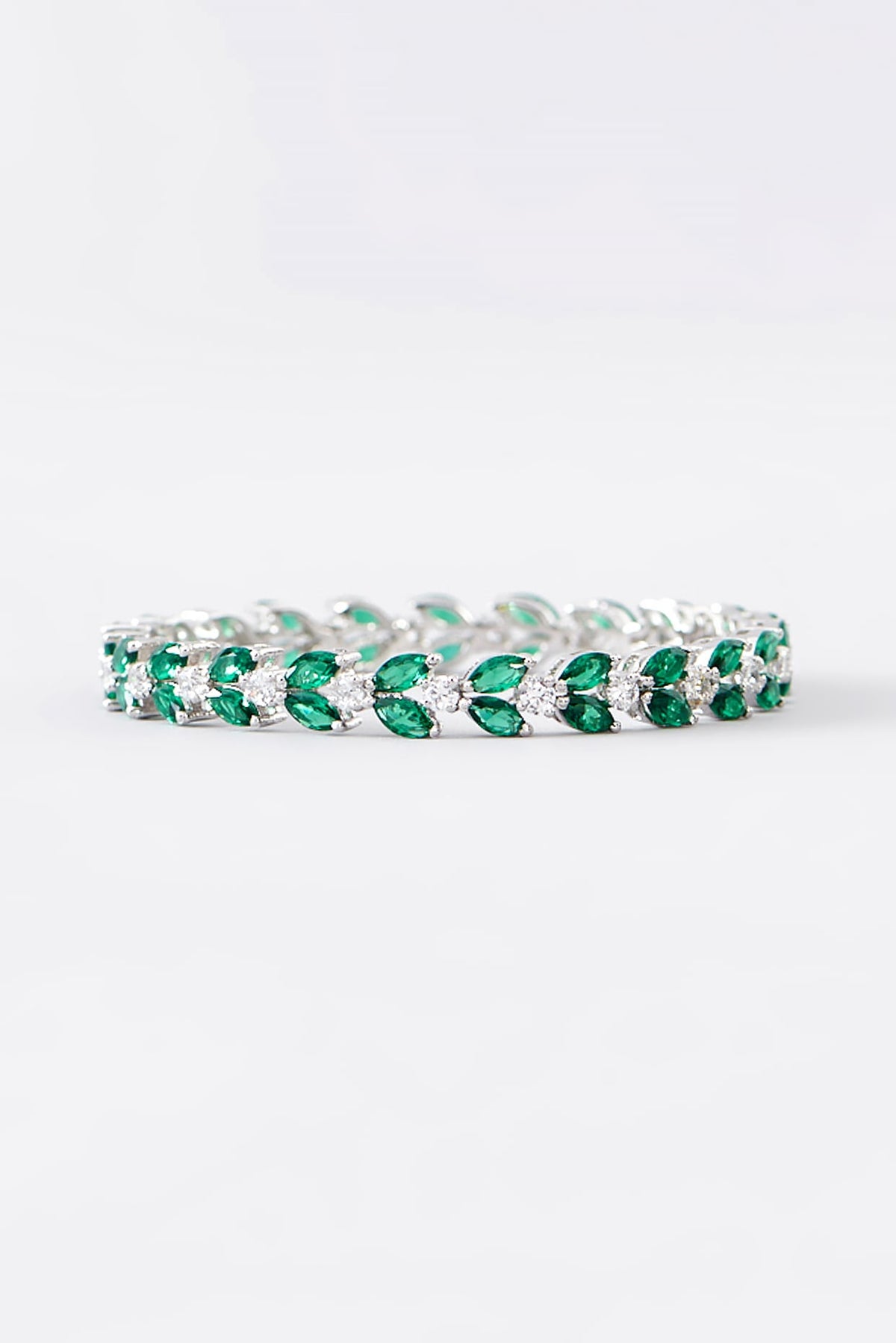 White Finish CZ & Emerald Bangle In Sterling Silver