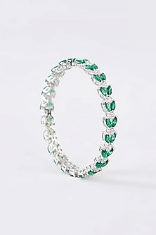 White Finish CZ & Emerald Bangle In Sterling Silver