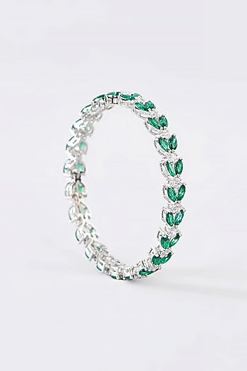 White Finish CZ & Emerald Bangle In Sterling Silver