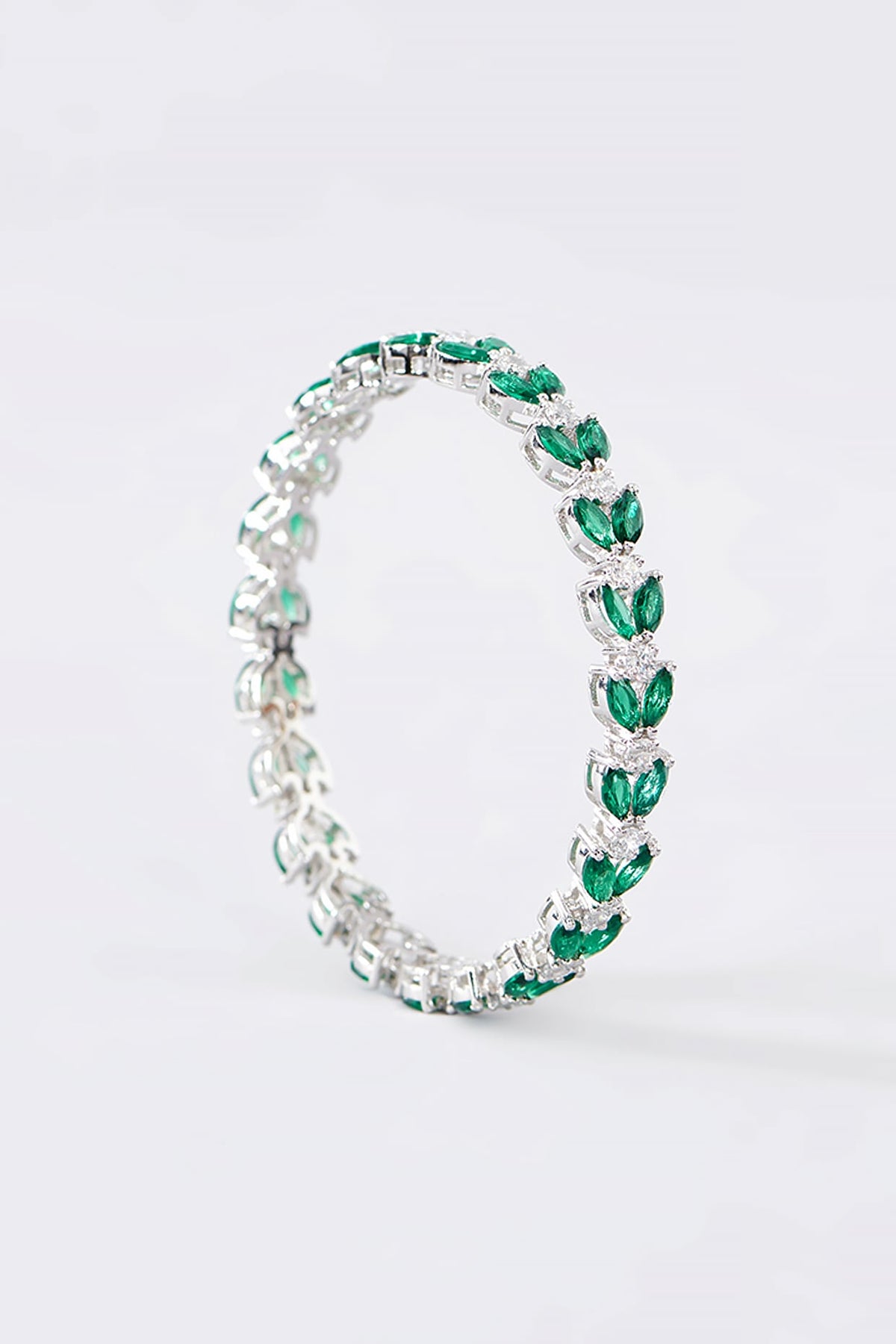 White Finish CZ & Emerald Bangle In Sterling Silver