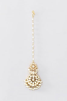 Gold Finish Moissanite Polki & Pearl Maangtikka In Sterling Silver