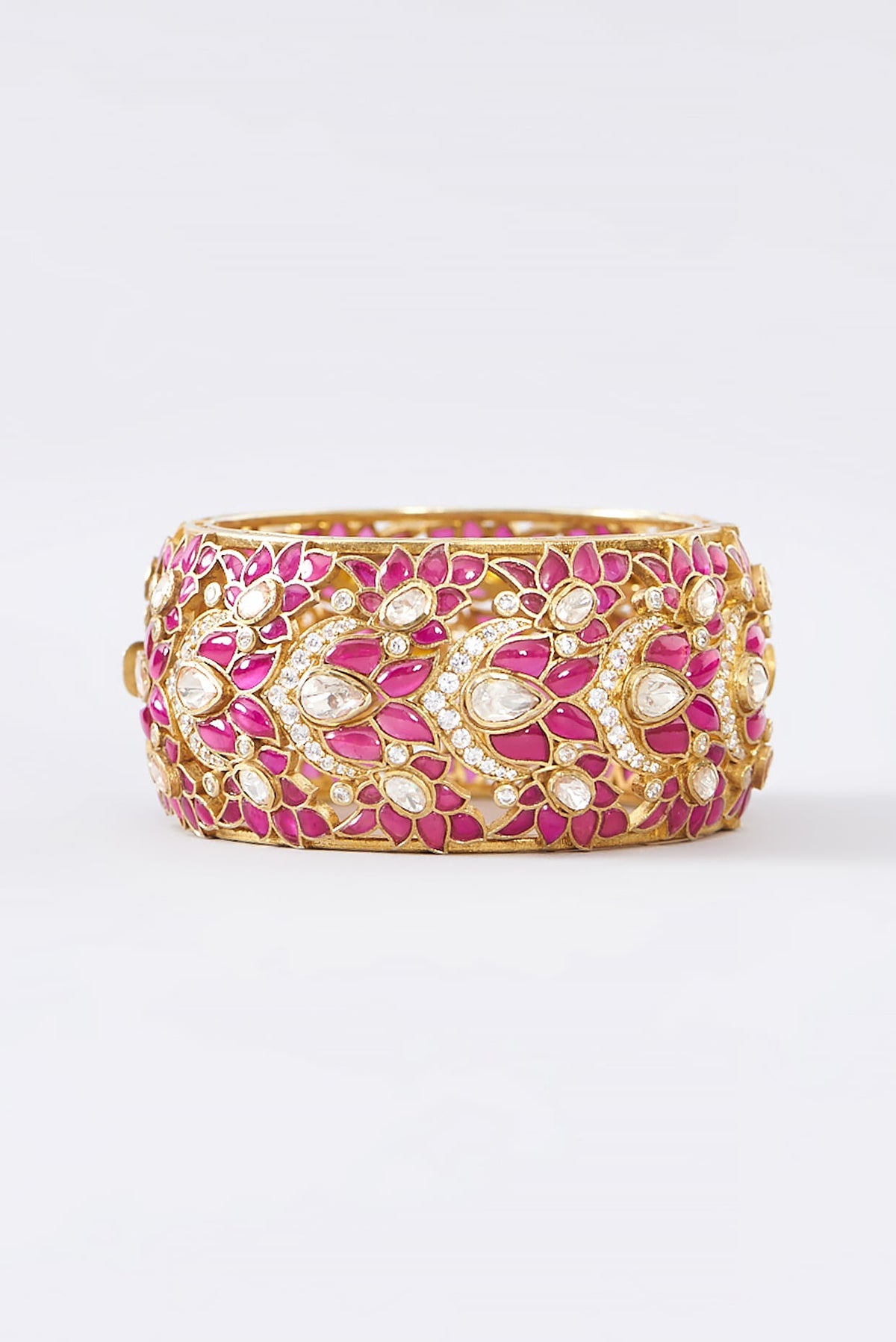 Gold Finish Moissanite Polki & Ruby Bangle In Sterling Silver