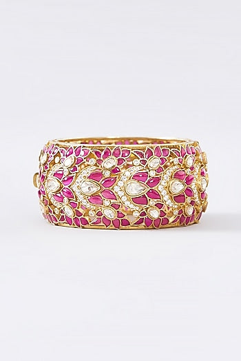 Gold Finish Moissanite Polki & Ruby Bangle In Sterling Silver