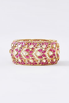 Gold Finish Moissanite Polki & Ruby Bangle In Sterling Silver