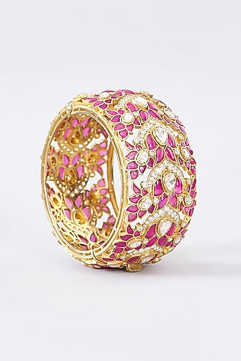 Gold Finish Moissanite Polki & Ruby Bangle In Sterling Silver