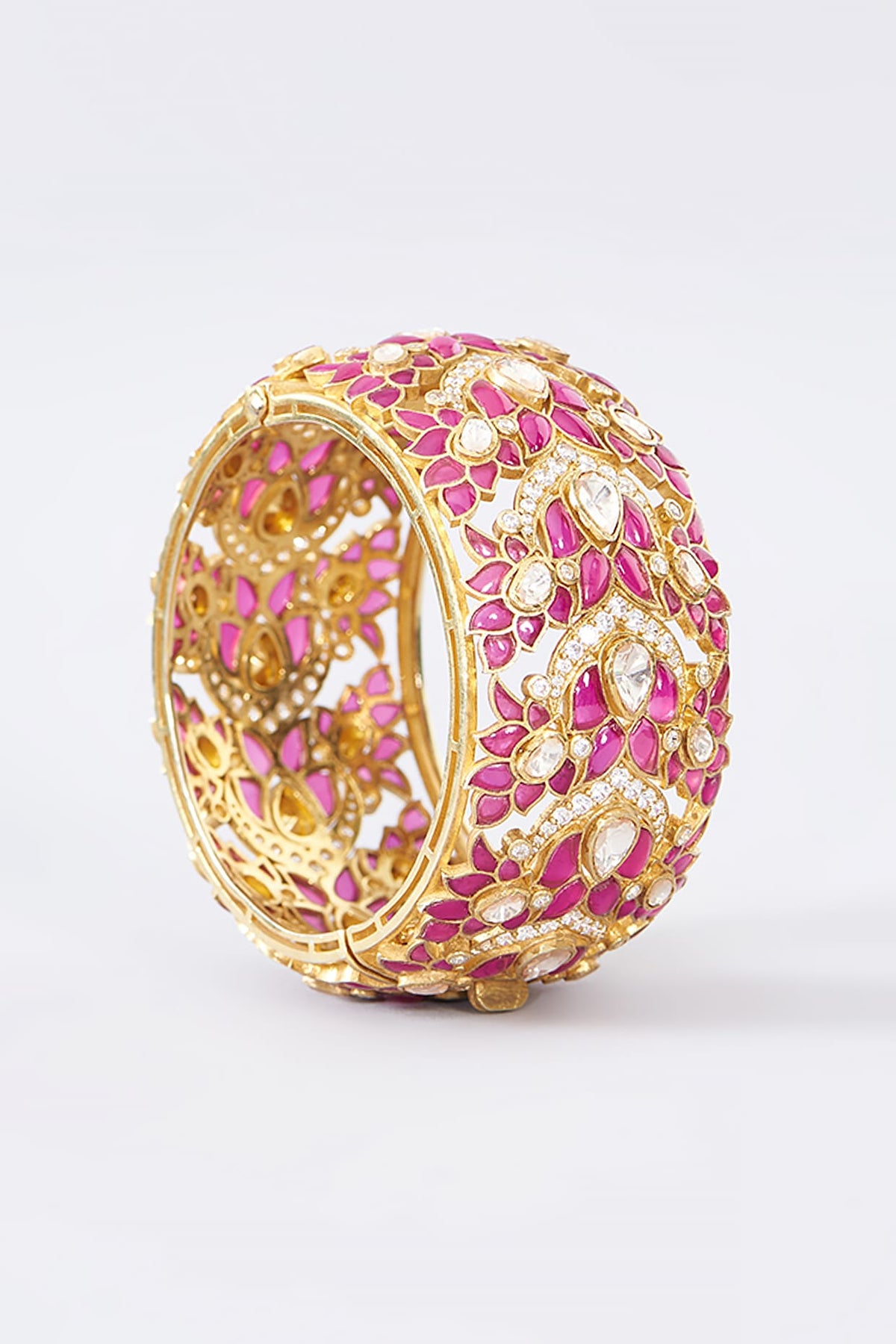 Gold Finish Moissanite Polki & Ruby Bangle In Sterling Silver