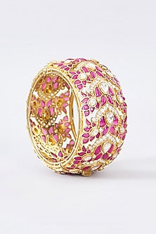 Gold Finish Moissanite Polki & Ruby Bangle In Sterling Silver