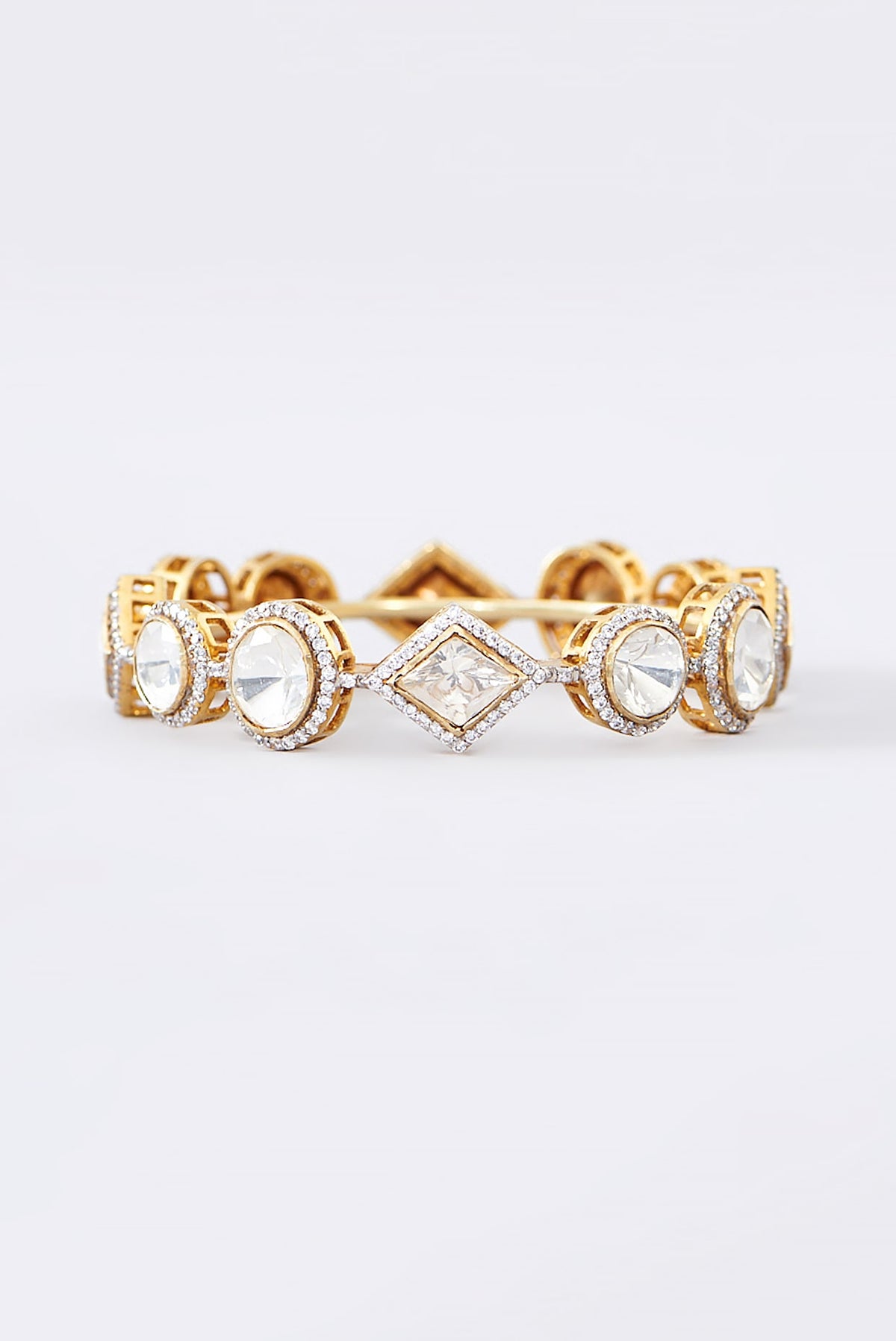 Gold Finish CZ & Moissanite Polki Bangle In Sterling Silver