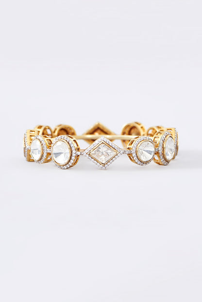Gold Finish CZ & Moissanite Polki Bangle In Sterling Silver