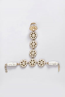 Gold Finish Moissanite Polki & Pearl Hathphool In Sterling Silver