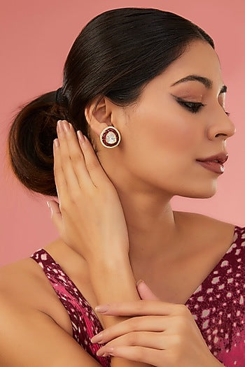 Gold Finish Moissanite Polki & Synthetic Ruby Stud Earrings In Sterling Silver