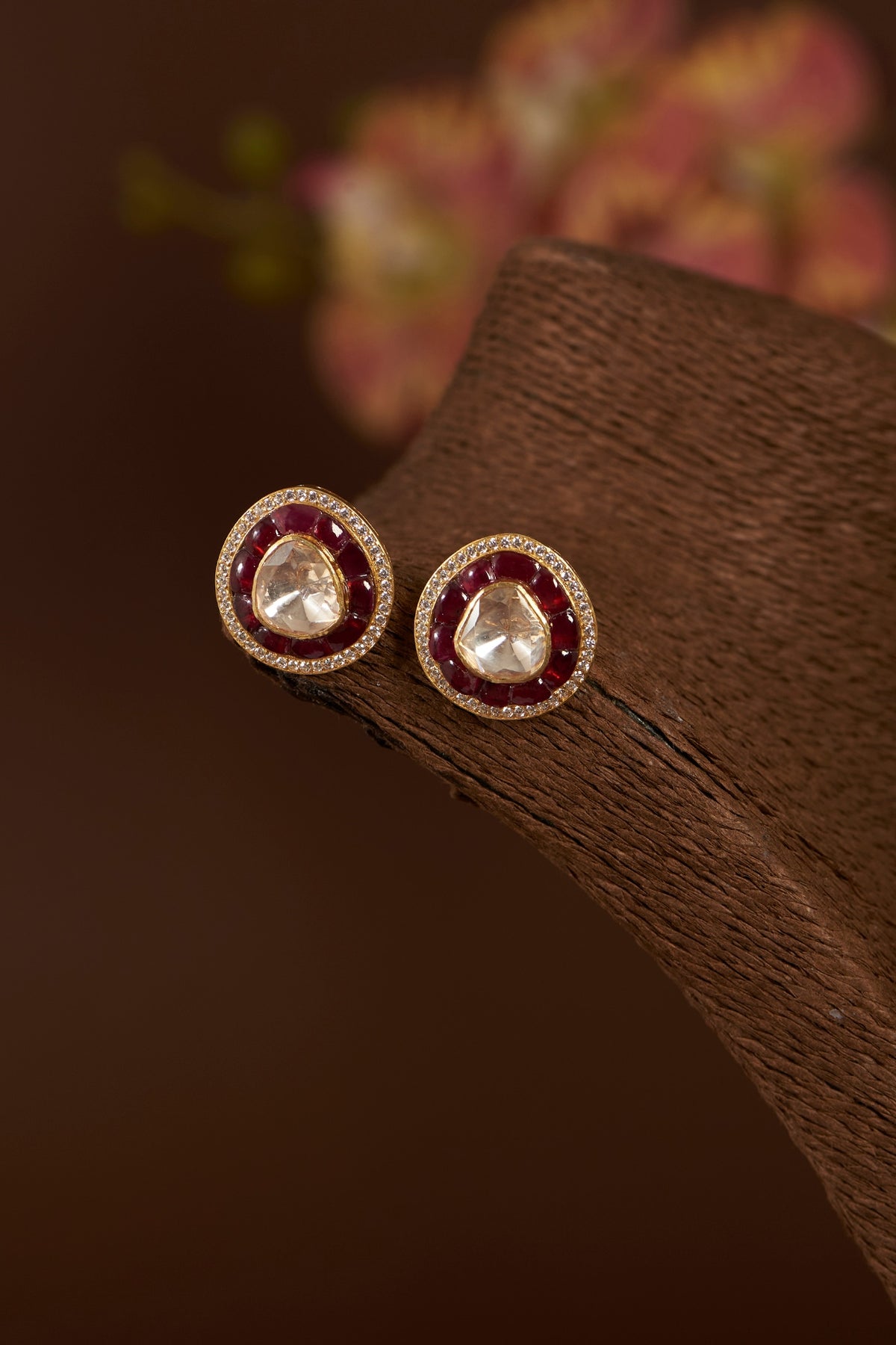 Gold Finish Moissanite Polki & Synthetic Ruby Stud Earrings In Sterling Silver