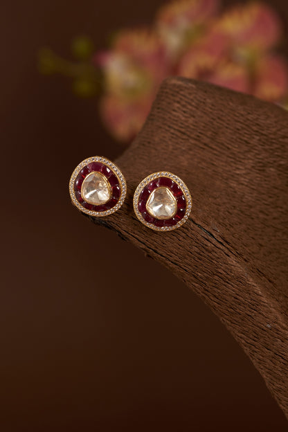 Gold Finish Moissanite Polki & Synthetic Ruby Stud Earrings In Sterling Silver