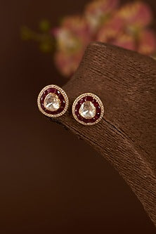 Gold Finish Moissanite Polki & Synthetic Ruby Stud Earrings In Sterling Silver