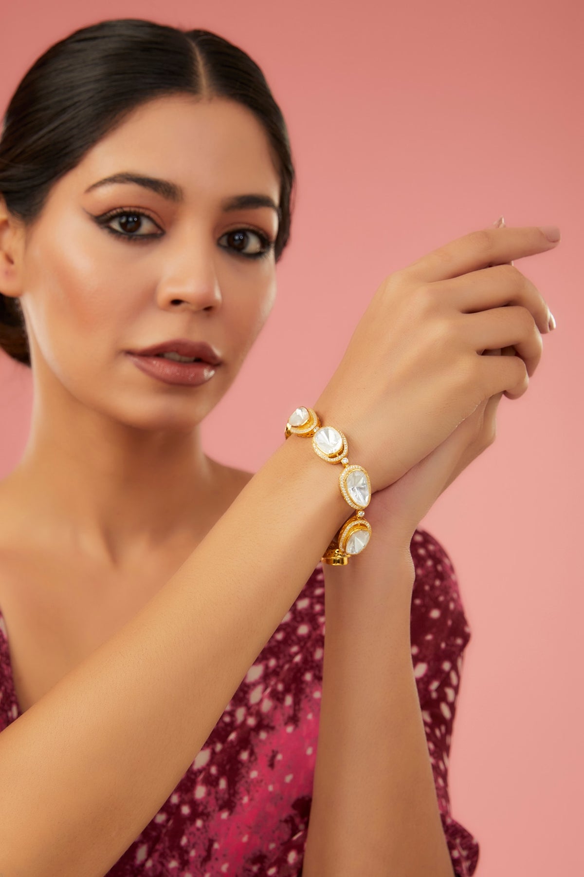 Gold Finish Moissanite Polki & CZ Bracelet In Sterling Silver