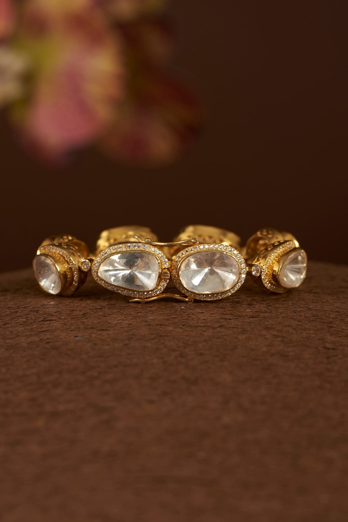 Gold Finish Moissanite Polki & CZ Bracelet In Sterling Silver