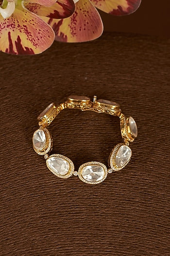 Gold Finish Moissanite Polki & CZ Bracelet In Sterling Silver