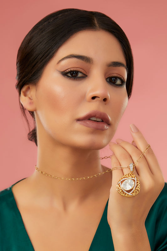 Two-Tone Finish Moissanite Polki & CZ Pendant Necklace In Sterling Silver