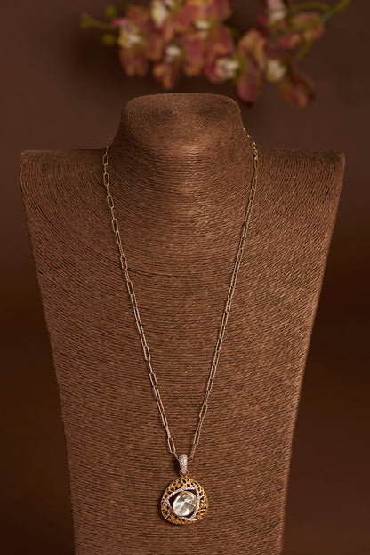 Two-Tone Finish Moissanite Polki & CZ Pendant Necklace In Sterling Silver
