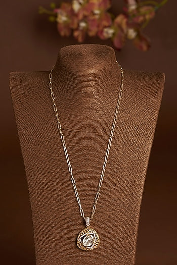 Two-Tone Finish Moissanite Polki & CZ Pendant Necklace In Sterling Silver