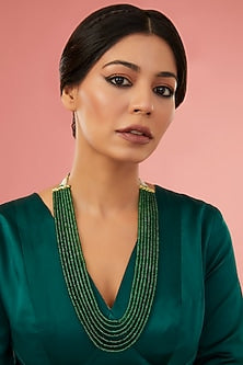 Gold Finish Synthetic Emerald Long Necklace In Sterling Silver