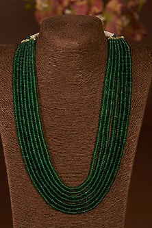 Gold Finish Synthetic Emerald Long Necklace In Sterling Silver
