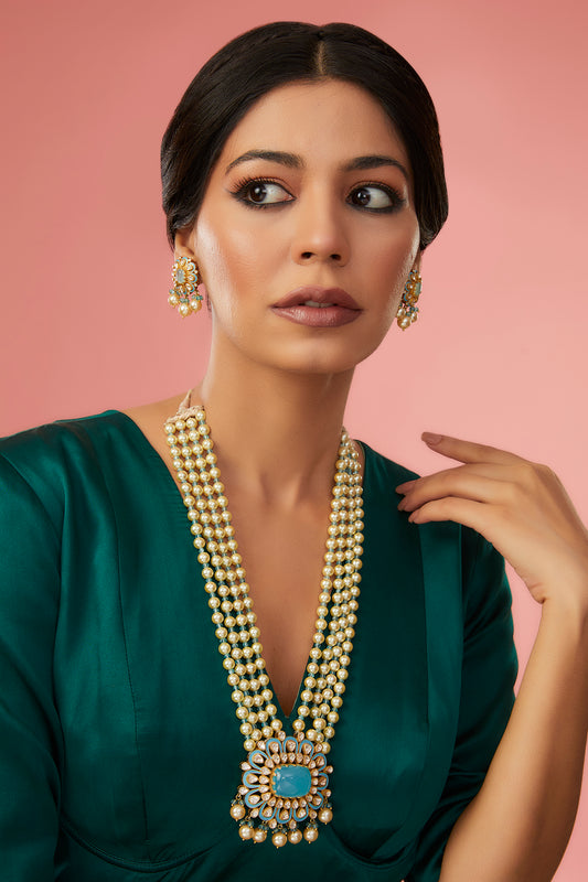 Gold Finish Moissanite Polki & Synthetic Turquoise Stone Enamelled Long Necklace Set In Sterling Silver