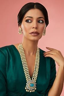 Gold Finish Moissanite Polki & Synthetic Turquoise Stone Enamelled Long Necklace Set In Sterling Silver