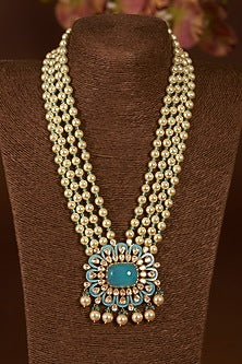 Gold Finish Moissanite Polki & Synthetic Turquoise Stone Enamelled Long Necklace Set In Sterling Silver
