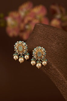 Gold Finish Moissanite Polki & Synthetic Turquoise Stone Enamelled Long Necklace Set In Sterling Silver
