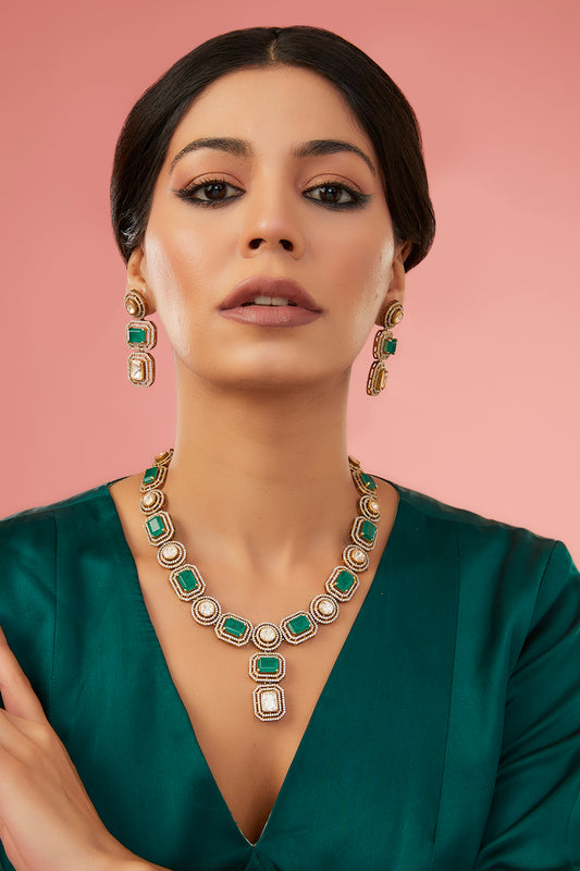 Gold Finish Moissanite Polki & Synthetic Emerald Necklace Set In Sterling Silver