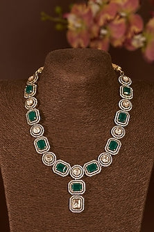 Gold Finish Moissanite Polki & Synthetic Emerald Necklace Set In Sterling Silver
