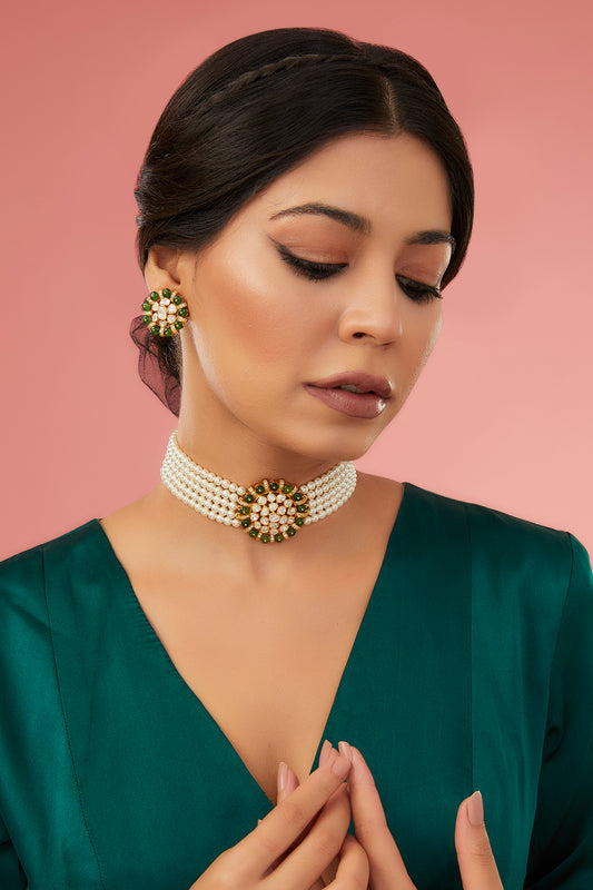 Gold Finish Moissanite Polki & Synthetic Emerald Choker Necklace Set In Sterling Silver