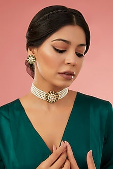 Gold Finish Moissanite Polki & Synthetic Emerald Choker Necklace Set In Sterling Silver