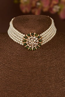 Gold Finish Moissanite Polki & Synthetic Emerald Choker Necklace Set In Sterling Silver