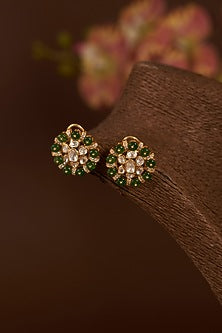 Gold Finish Moissanite Polki & Synthetic Emerald Choker Necklace Set In Sterling Silver