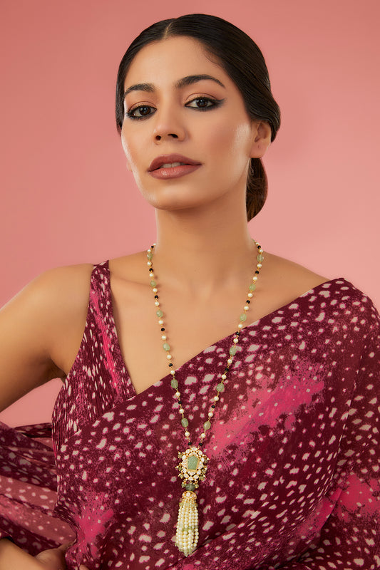 Gold Finish Moissanite Polki & Synthetic Emerald Long Necklace In Sterling Silver